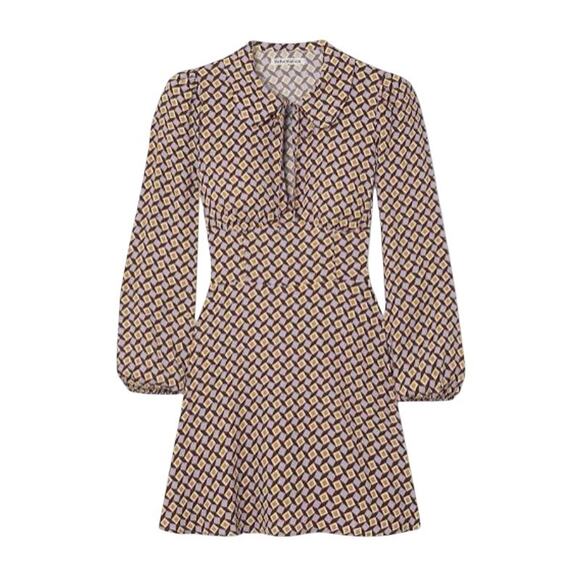 Reformation Will Printed Crepe Long Sleeve Mini Dress in Purple Geometric Size 6 - Picture 1 of 9
